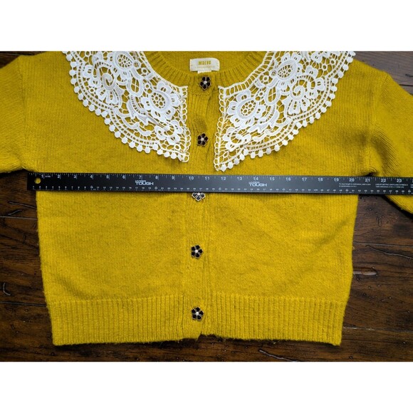 RARE Maeve Anthropologie Yellow Cardigan S Cropped Lace Collar Flower Button - Picture 8 of 13